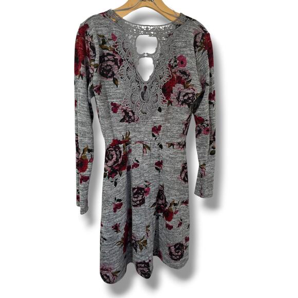 Candie’s Women’s Gray Floral Long Sleeve Fit & Flare Dress with Lace Back Size M - Picture 4 of 9